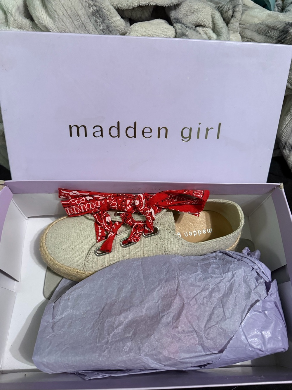 Madden Girl Beige Espadrille Sneaker with Red Bandana Laces